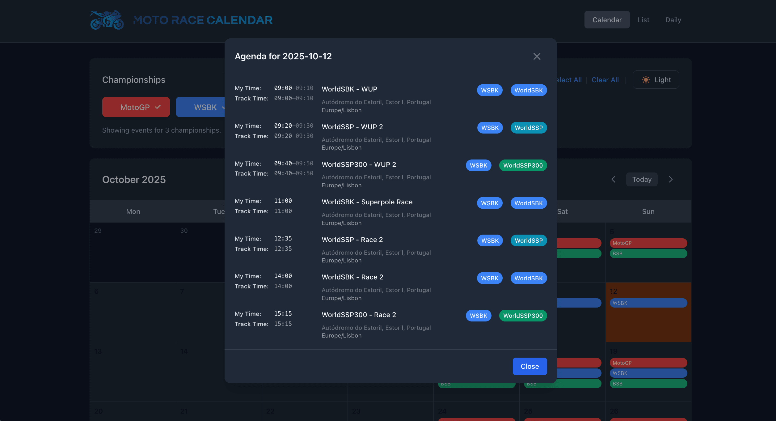 Detailed event modal showing complete race weekend schedule with session times