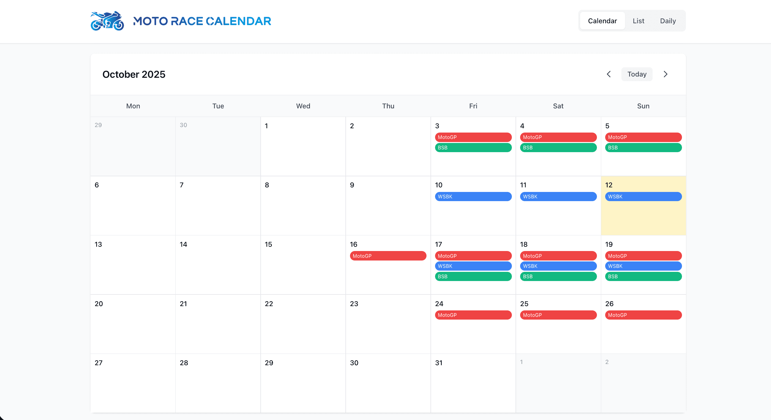 Monthly calendar view with color-coded MotoGP, WSBK, and BSB race events