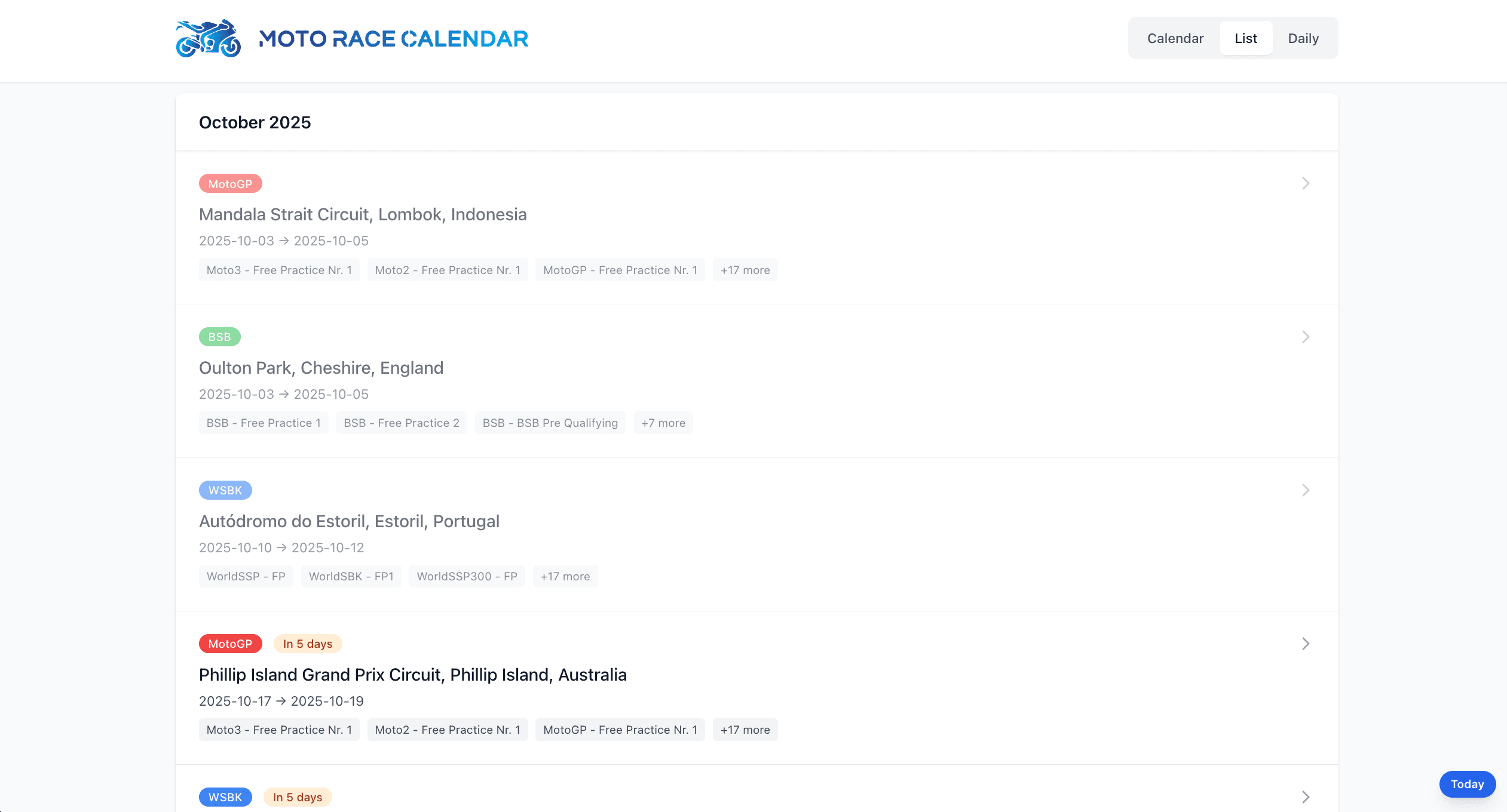 List view showing chronological race schedule with upcoming event indicators