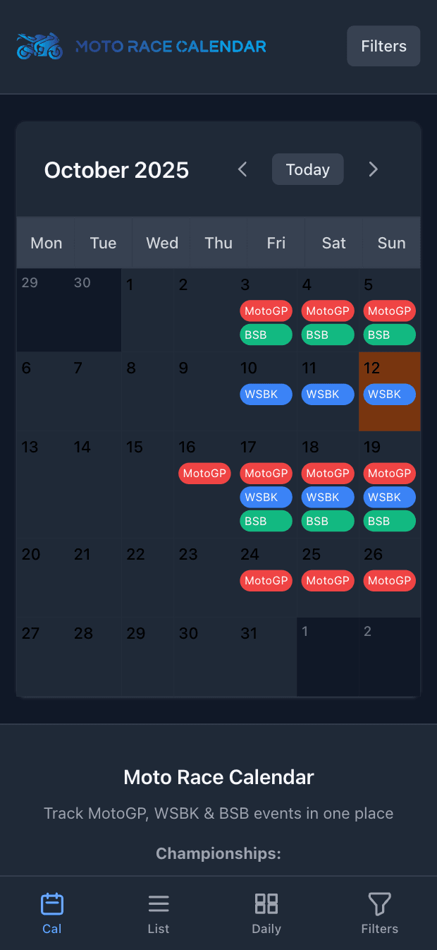 Mobile calendar view optimized for touch navigation