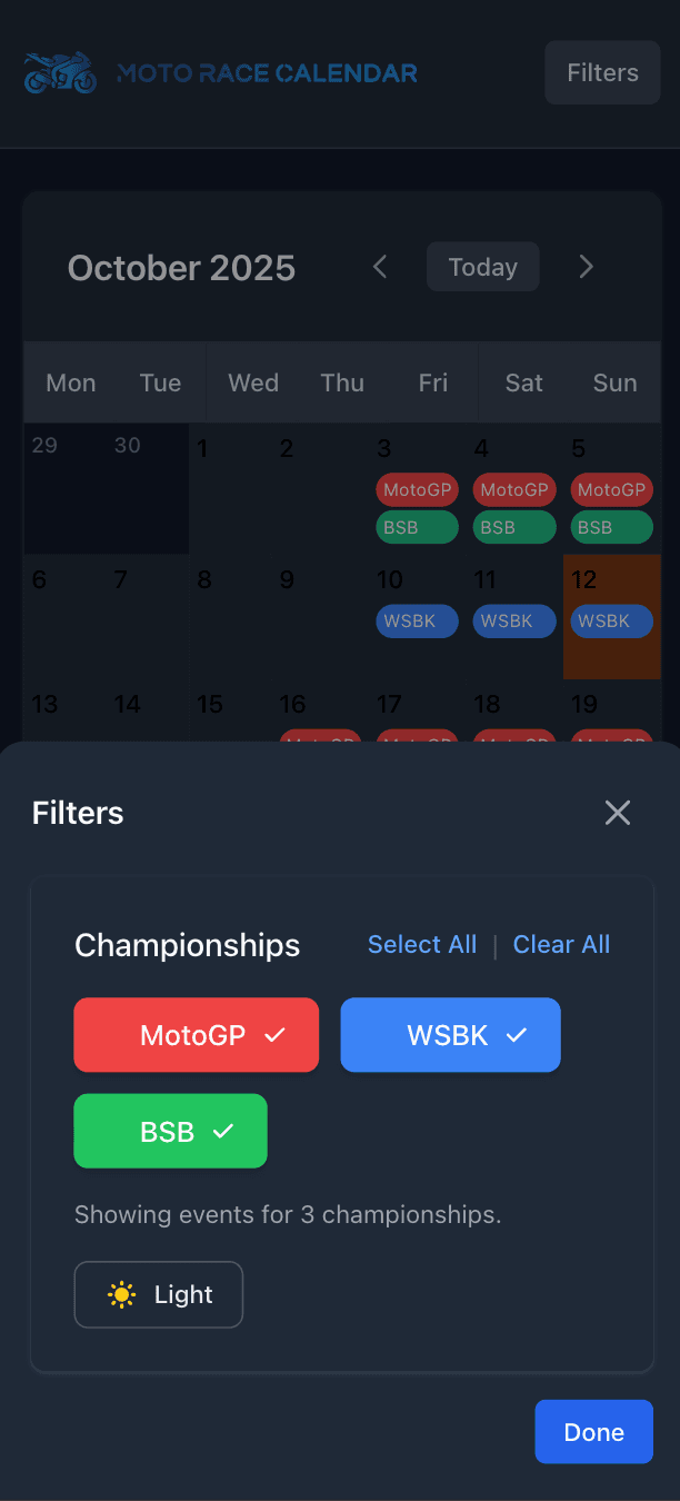 Mobile filter menu with persistent championship selection
