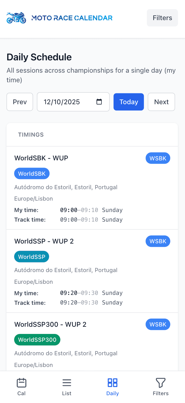 Mobile day agenda view with session timeline